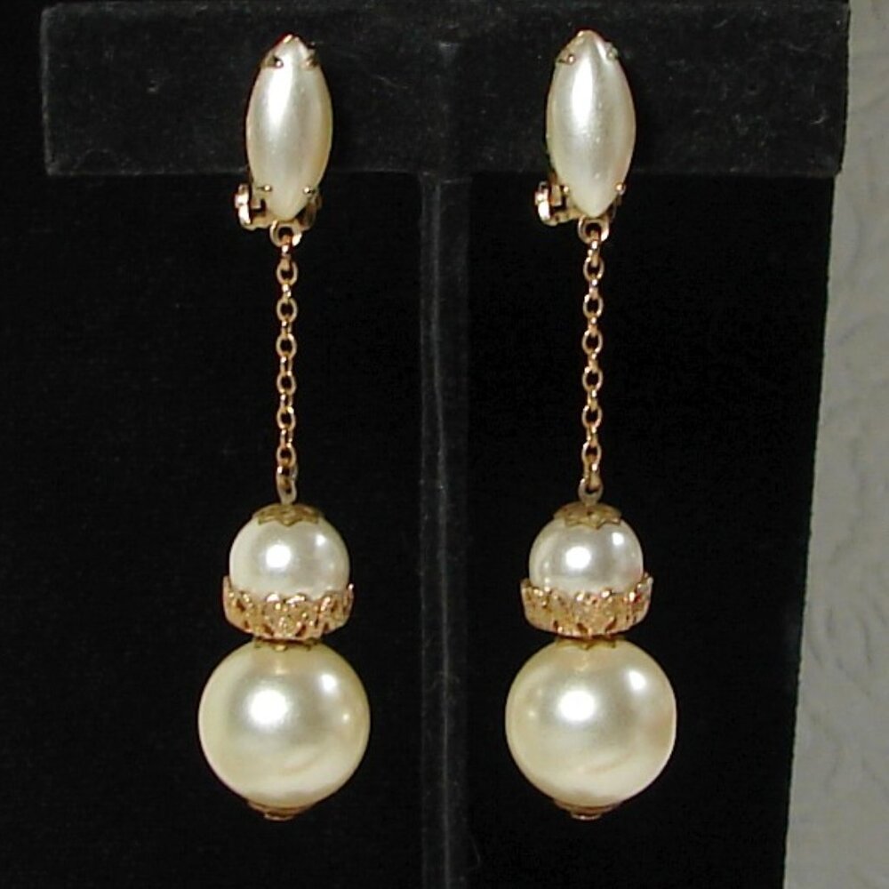Lewis Segal California Clip-On Gold/Faux Pearl Drop EARRINGS, Vtg 1949-60s F73
